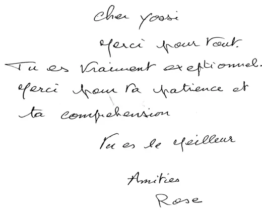 Note manuscrite : Cher Yossi, Merci pour tout. Tu es vraiment exceptionnel. Merci pour ta patience et ta com…